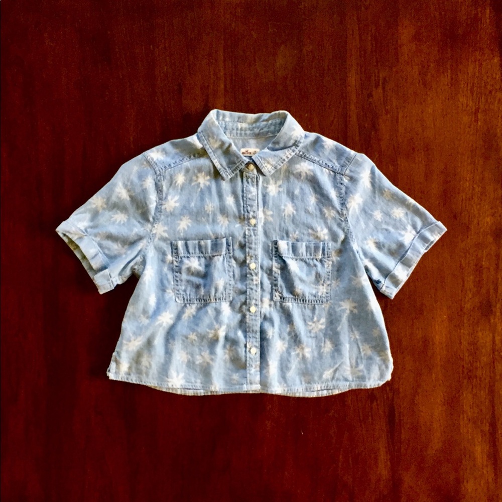 Palm Tree Cropped Denim Button Down